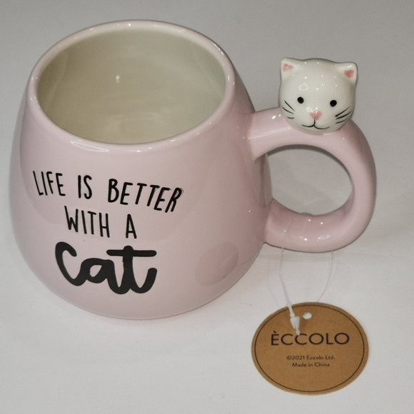 Set Of 2 Kitten Figurine Pink Ceramic Coffee Mug 16Oz Life Is Better With a Cat - Picture 4 of 16